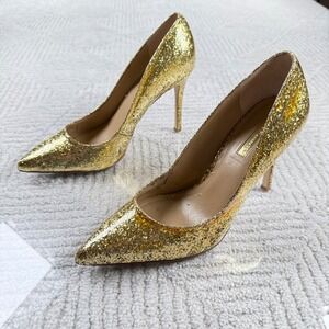 BCBGeneration Glitter Pumps Womens 10 Gold Pointed Stiletto Heels Party Glam Y2K